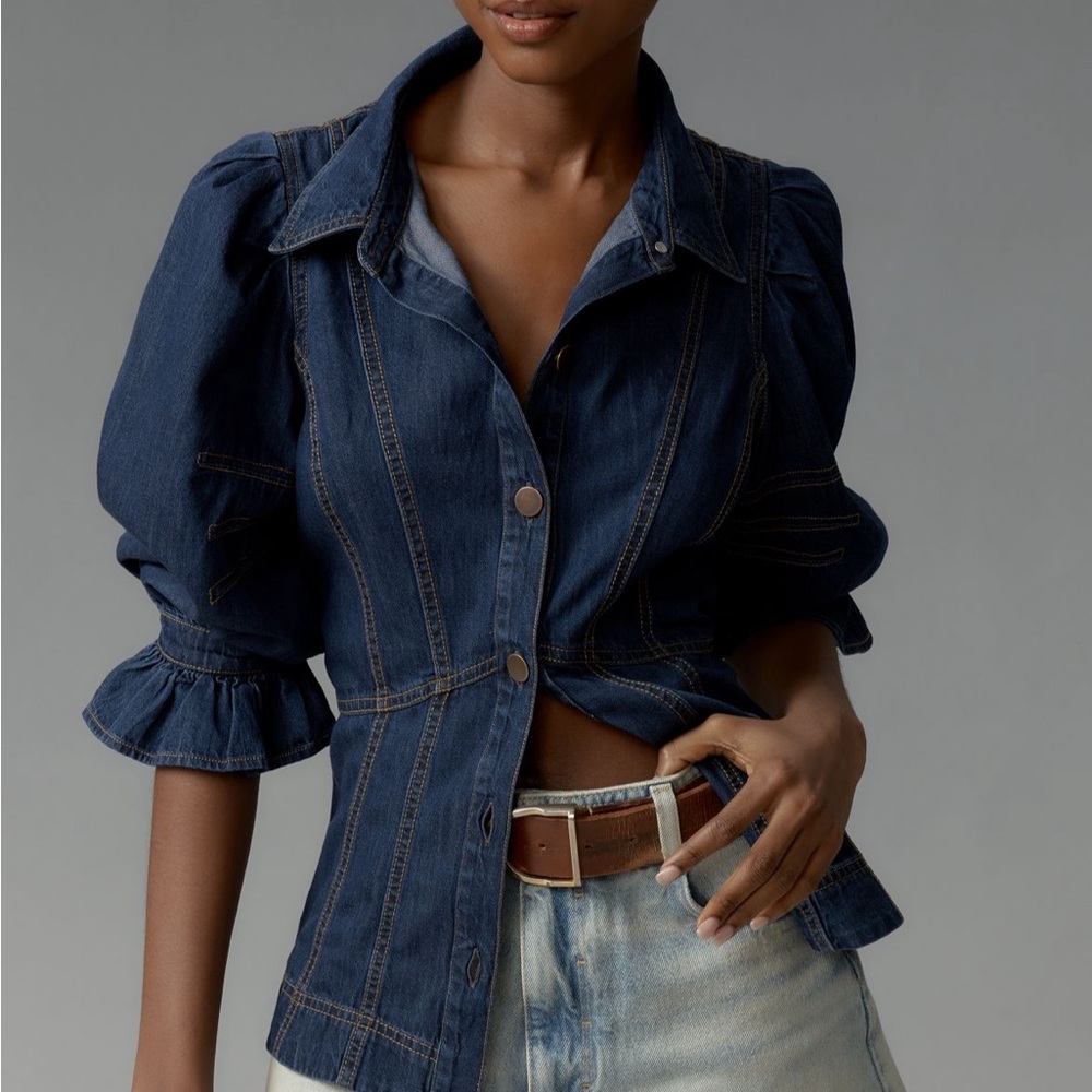 Anthropologie Denim Puff Sleeve Top - Blue